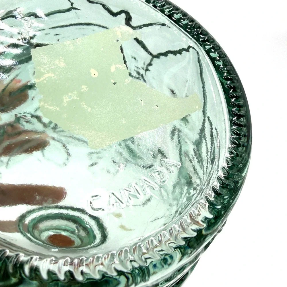 Vintage Style Green Embossed Floral Glass Bottle with Grape Stopper Made Canada